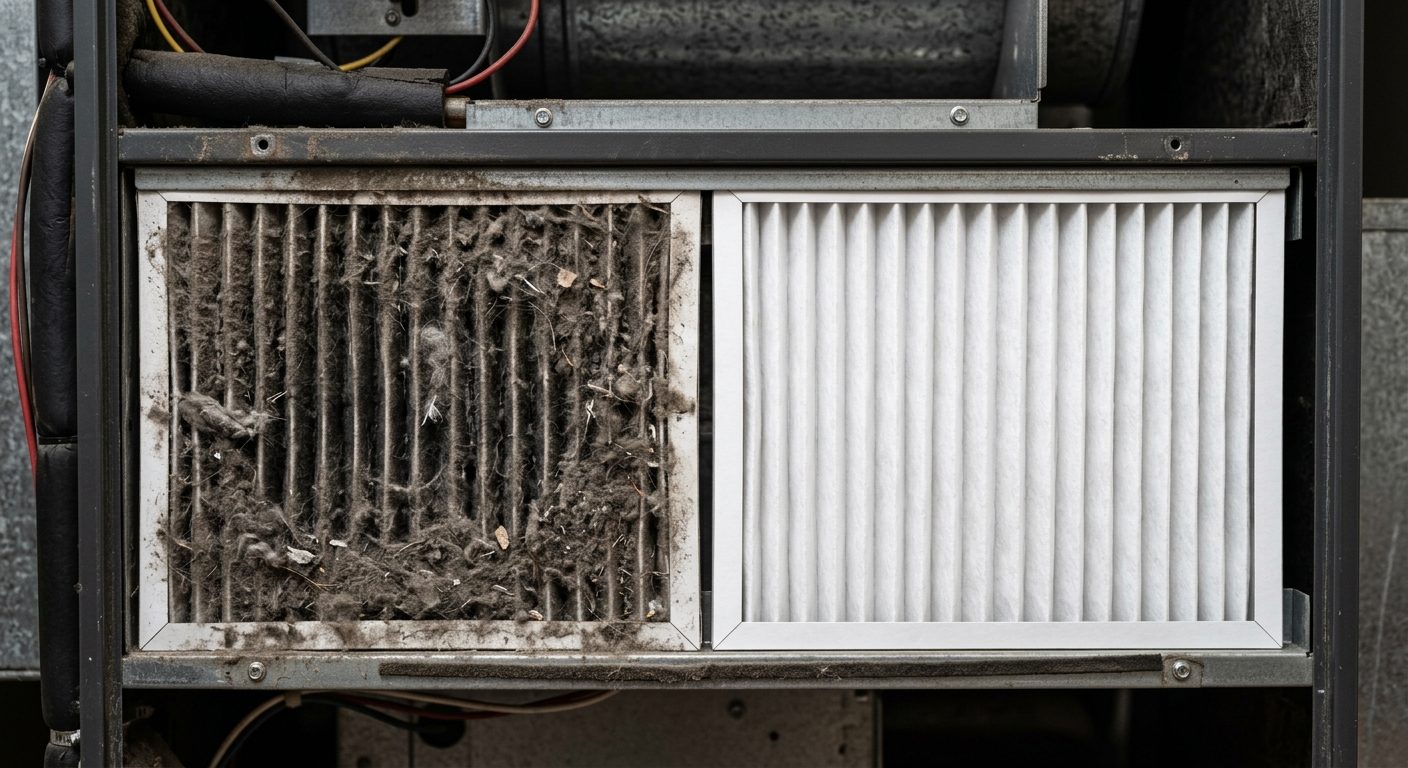 Luftfilter til ventilationsanlæg med synlig støvopsamling og nyt rent filter til sammenligning