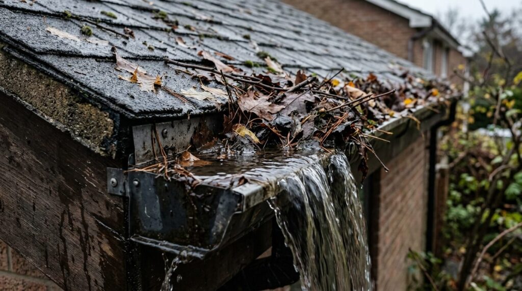 Close-up detail shot of a tilstoppet roof gutter filled with
