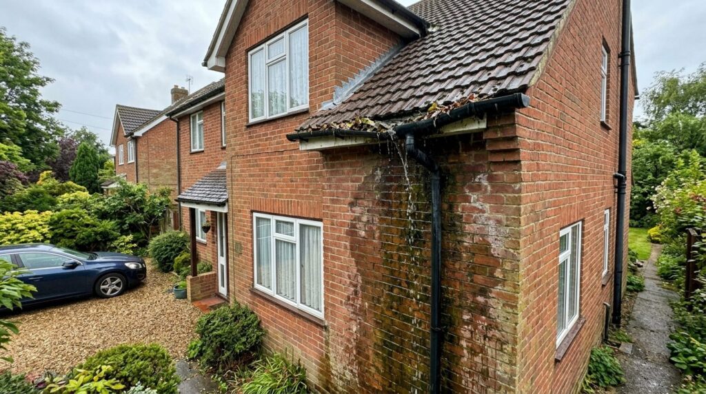 Wide angle shot of a house exterior showing water damage on