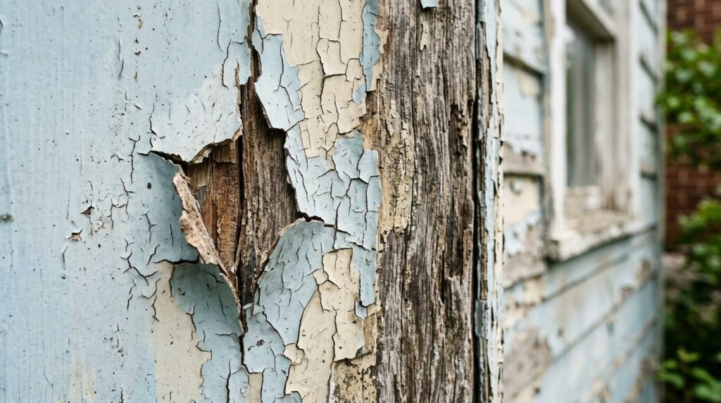Close-up photorealistic shot of deteriorating paint on resid