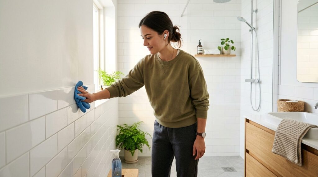 Photorealistic stock photo, 16:9 aspect ratio: A bathroom sc