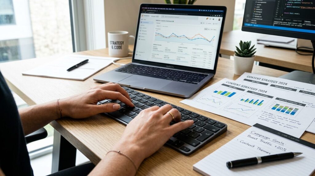 Close-up of hands typing on keyboard with website analytics 