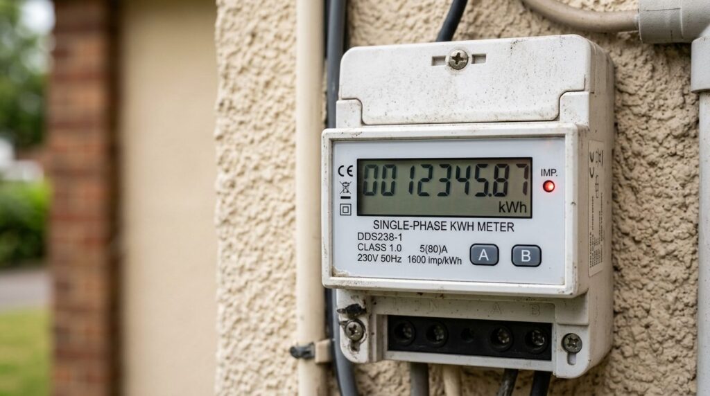 Close-up professional image of a digital energy meter displa