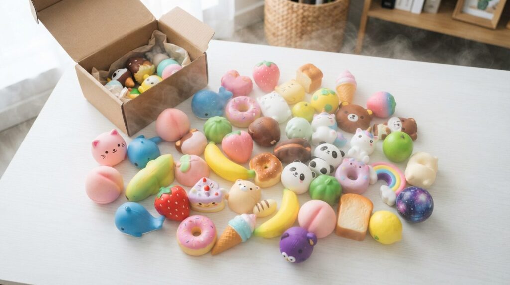 Realistic flat lay composition of various new squishy toys a