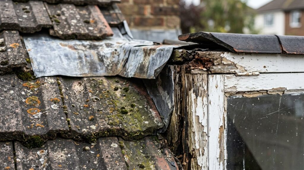 Close-up detail photograph of weathered roof tiles and a nea
