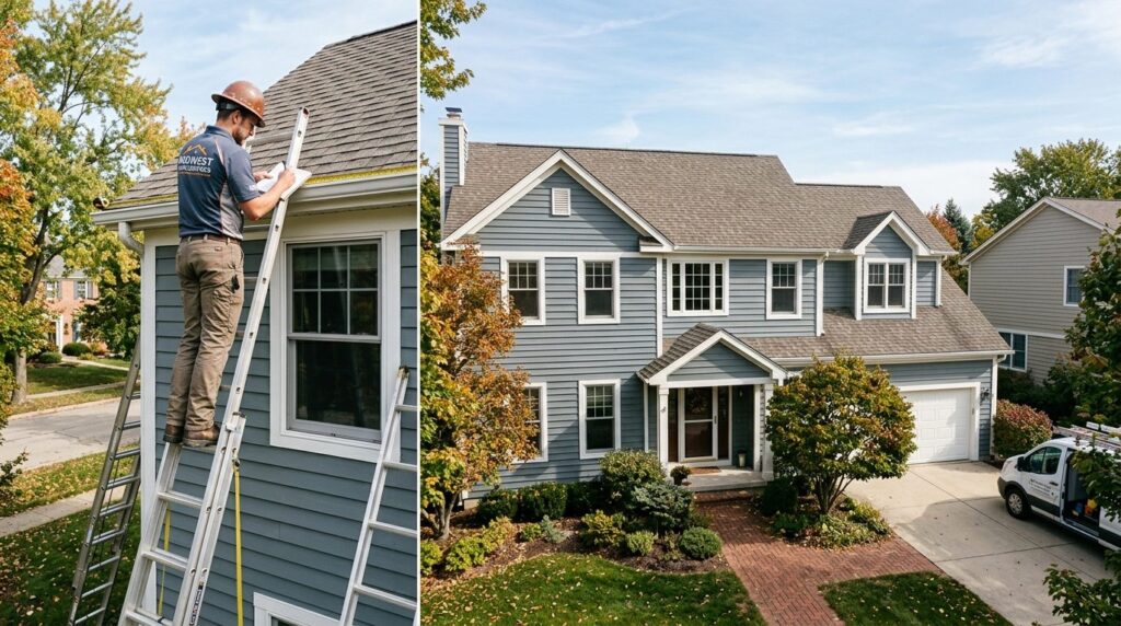 Wide-angle exterior shot of a residential house showing a ca