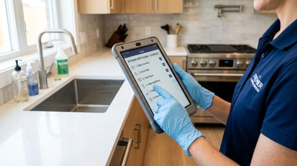 Close-up of professional cleaners hands holding tablet chec