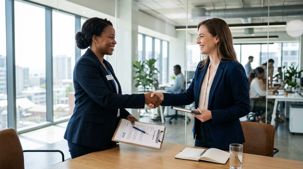 Professional cleaning service manager meeting with female bu