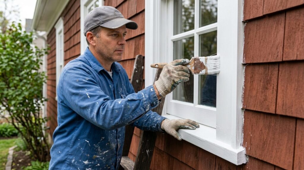 Close-up detailed shot of house maintenance work - painting