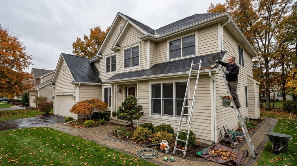 Wide angle view of residential property exterior showing gut