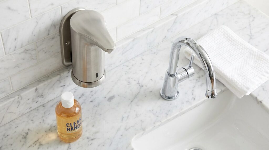 Overhead flat lay of bathroom soap dispensers comparison: Mo