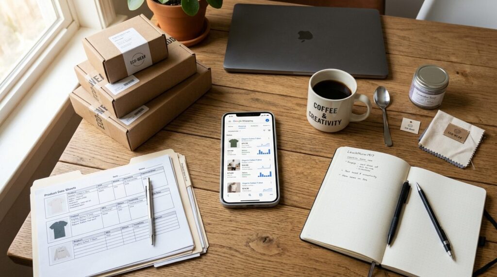 Close-up overhead shot of a small business owners desk with