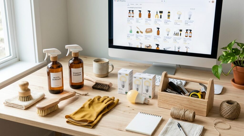 Flat lay composition showing home cleaning and DIY products 