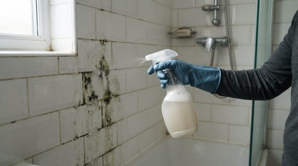 Realistic bathroom scene: Persons hand wearing protective g