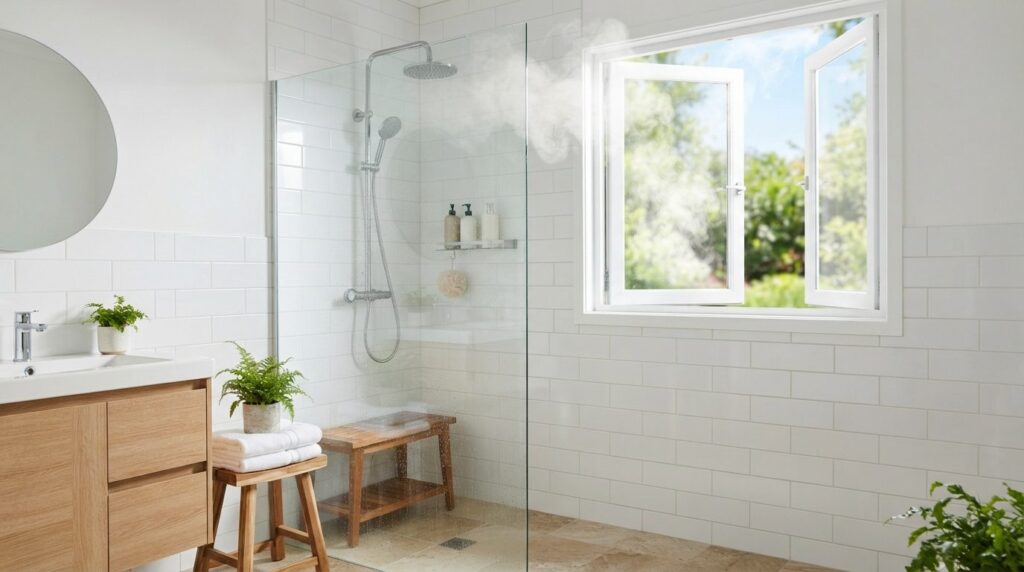 Modern bathroom with open window showing ventilation and air