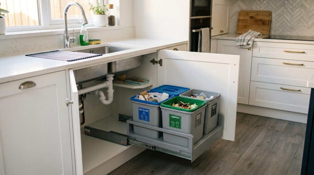 Realistic kitchen scene showing open cabinet under kitchen s