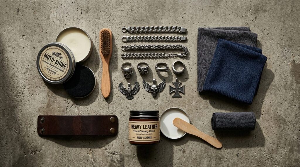 Detailed flat lay of biker jewelry care products arranged on