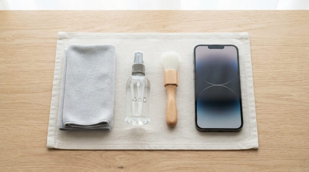 Flat lay overhead shot of smartphone cleaning supplies arran
