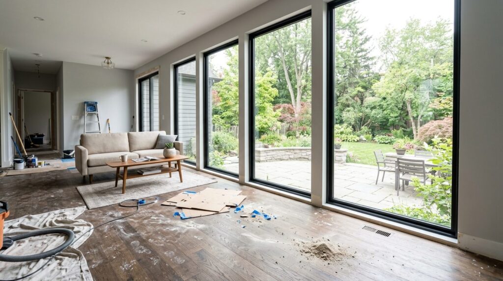 Wide angle view of freshly cleaned windows in residential ho