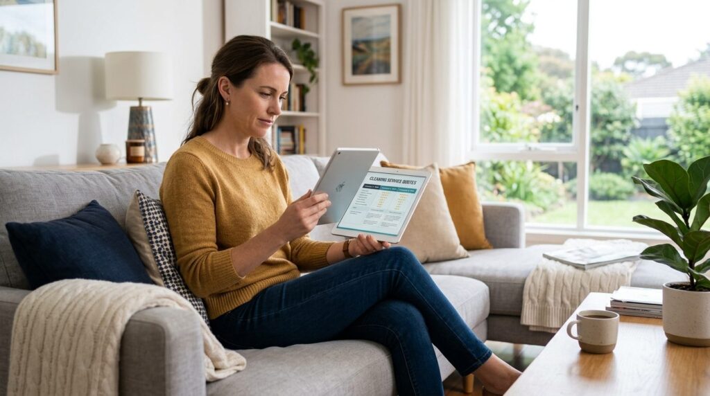 Homeowner in casual clothing reviewing cleaning company quot