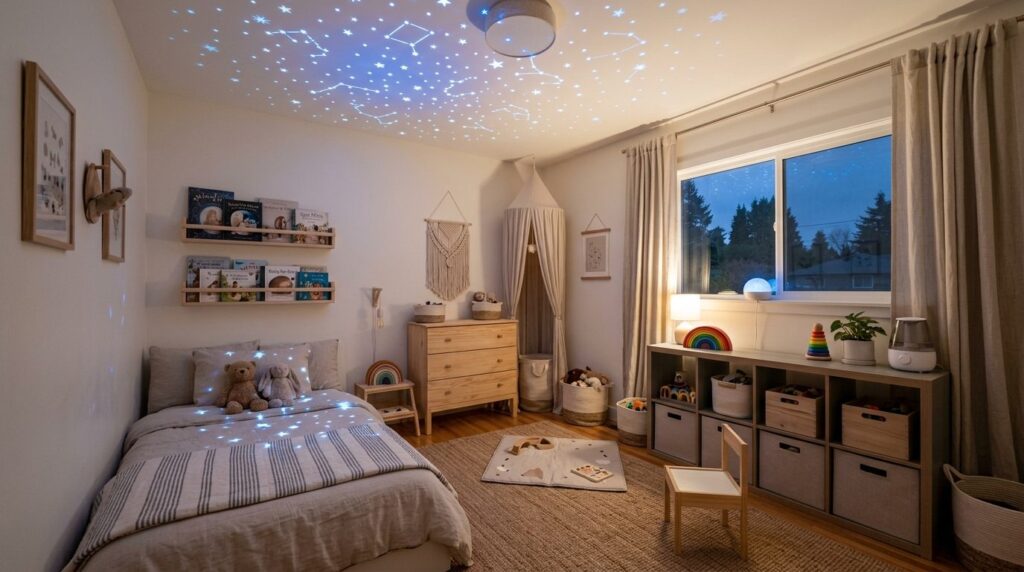 Wide angle shot of a serene toddlers bedroom at dusk with s
