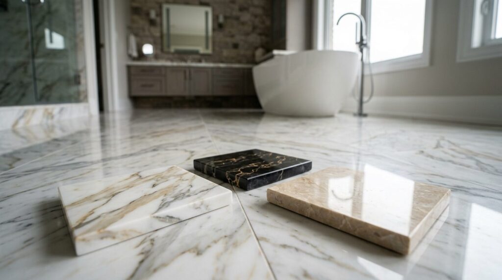 Close-up detail shot of high-quality marble floor tiles show