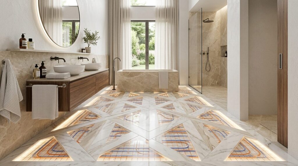 Modern bathroom interior with installed marble floor tiles c