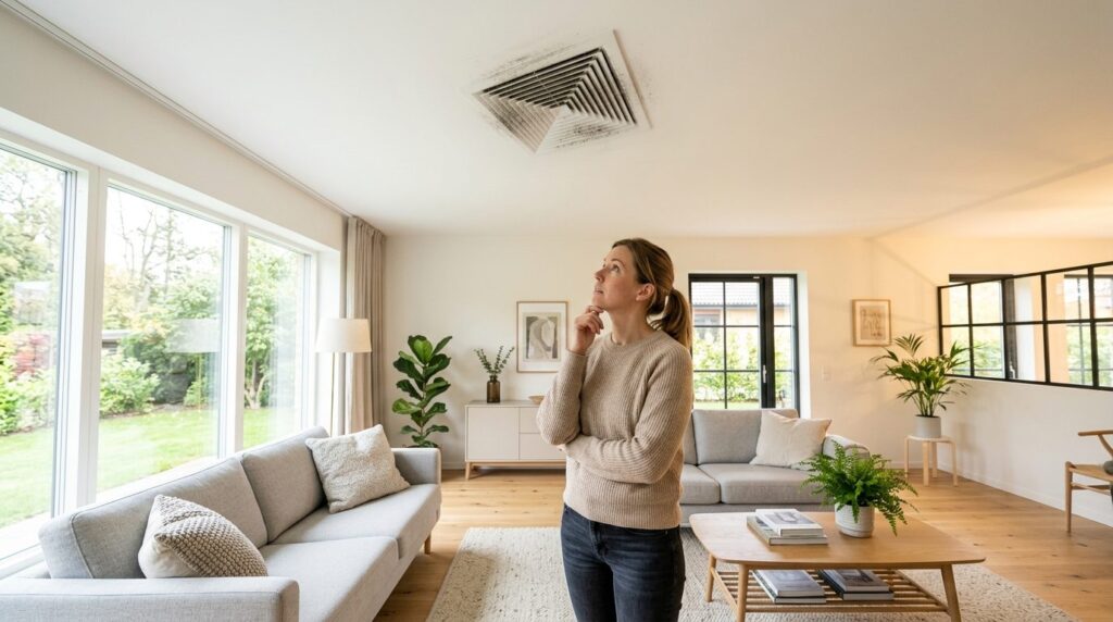 Wide-angle photograph of a homeowner standing in a bright li