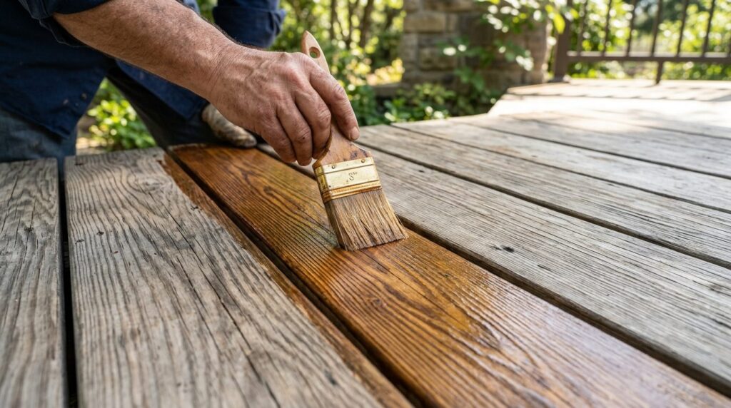 Close-up photorealistic image of wood terrace planks being t