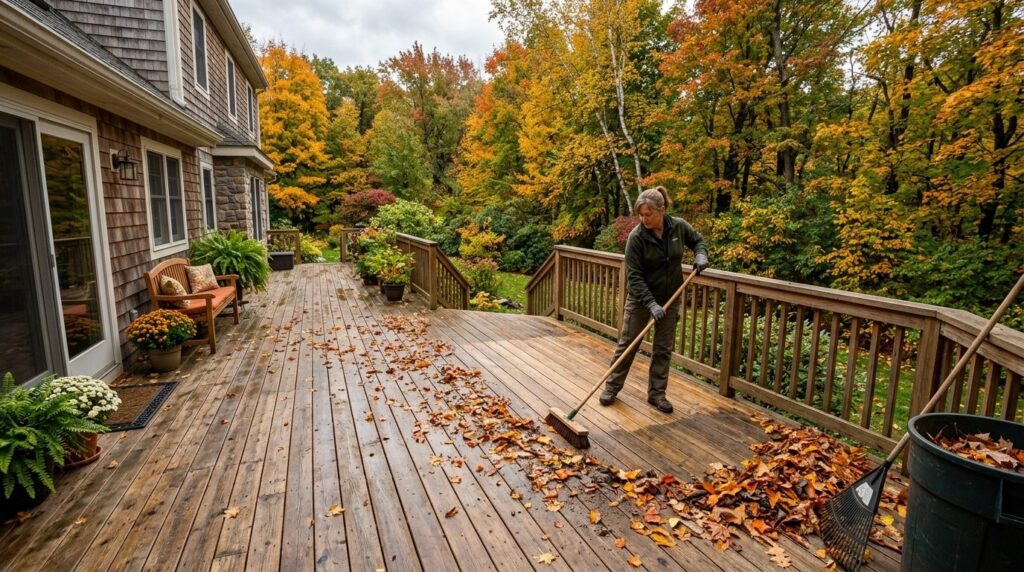 Photorealistic wide-angle view of a beautiful wooden terrace