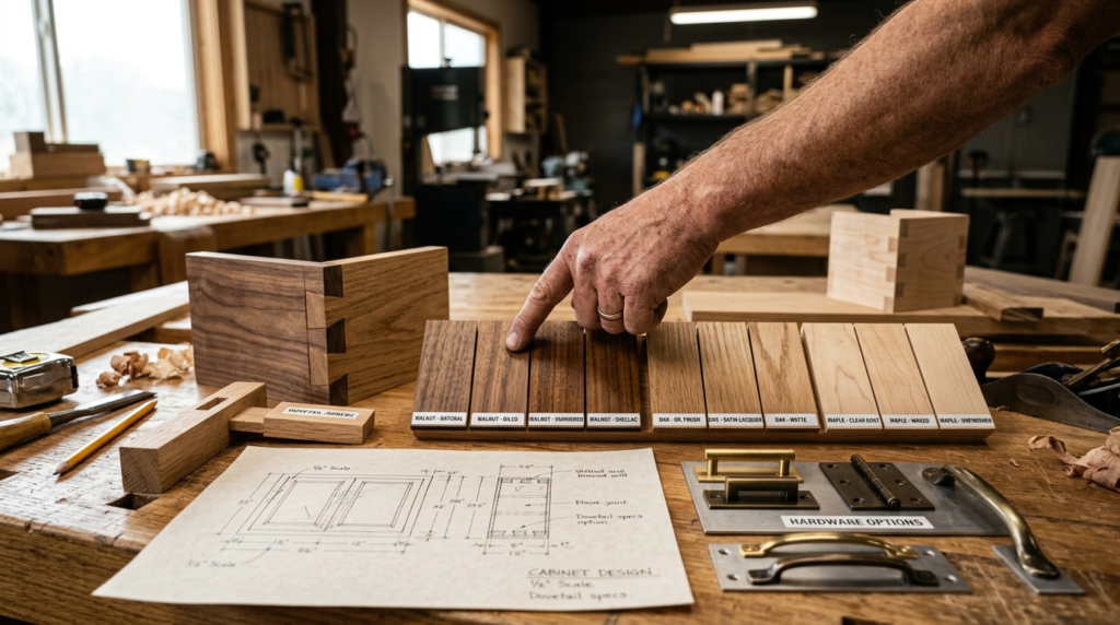 Close-up detail shot of premium woodworking materials laid o